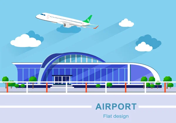 Concepto de diseño plano de edificio aeroportuario detallado con avión — Vector de stock