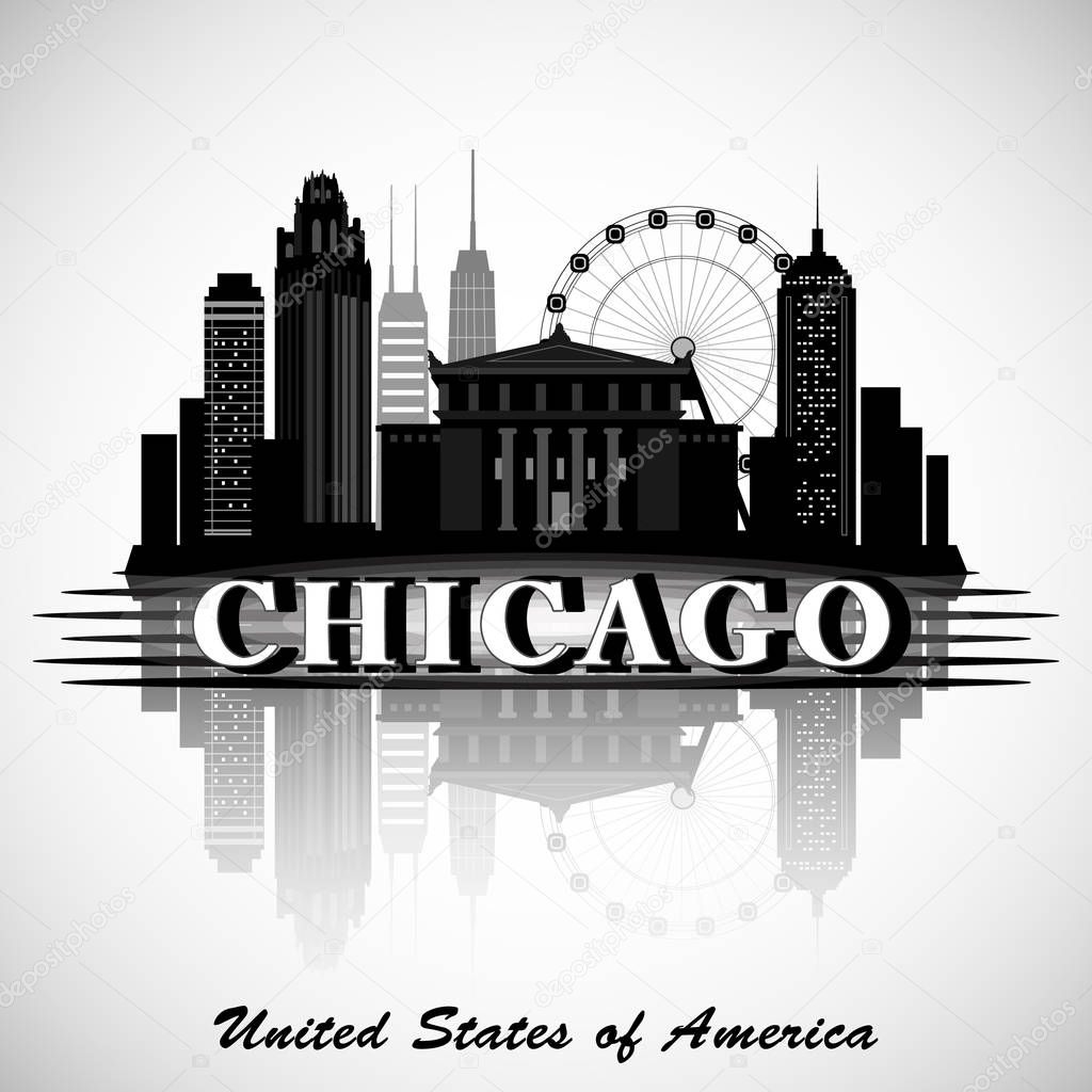 Chicago Illinois city skyline silhouette. Typographic Design