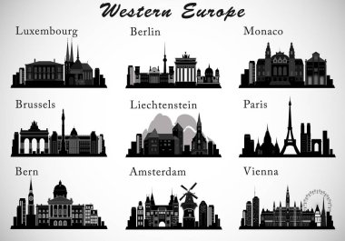 Batı Avrupa şehirler silüetini ayarlayın. Vector silhouettes 