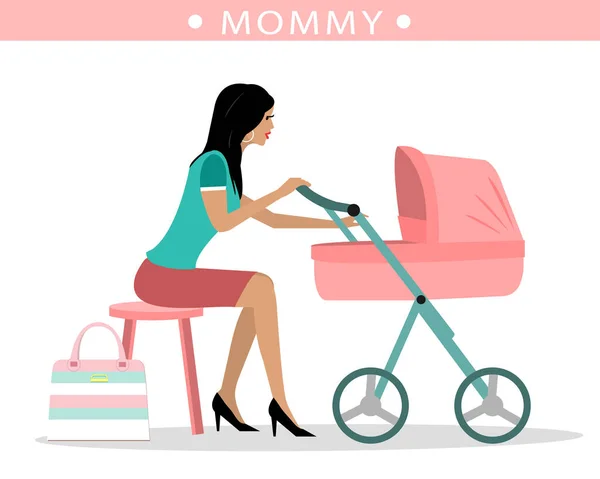 Joven madre de moda con un cochecito — Vector de stock