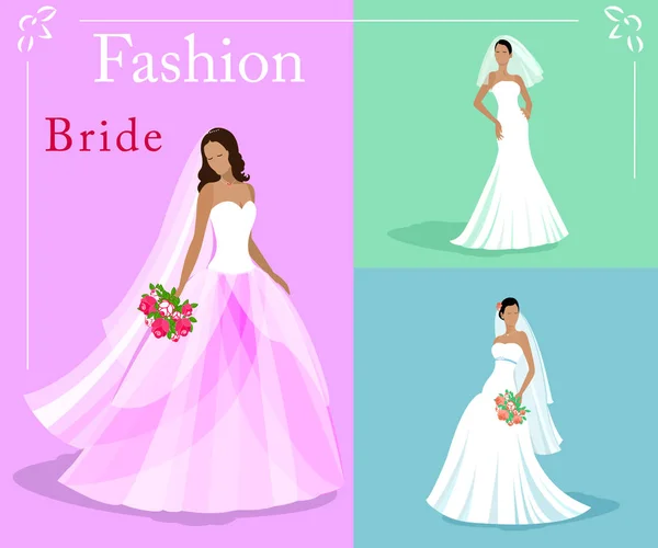 Διάνυσμα σύνολο μιας μόδα όμορφες νύφες σε λευκό γάμο φορέματα με ένα ανθοδέσμες. EPS 10 — Διανυσματικό Αρχείο