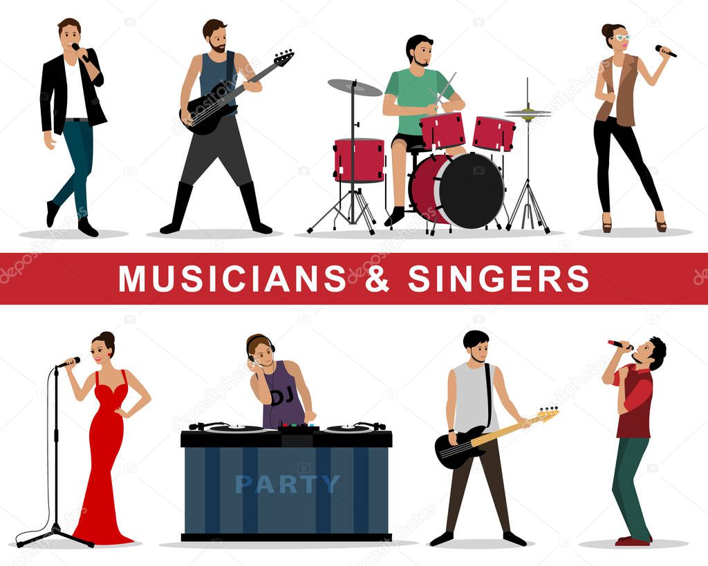 Vector set of musicians and singers: guitarists, drummers, singers, dj 