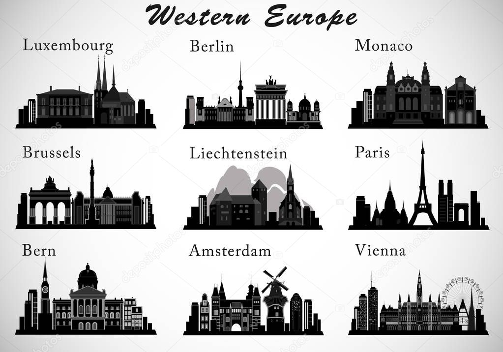Western Europe Cities skylines set. Vector silhouettes 