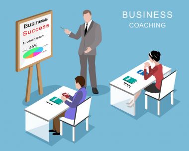 İnsanlar ofiste. İş Koçluk süreci. 3D izometrik iş adamları iş çalıştırıcı ile 