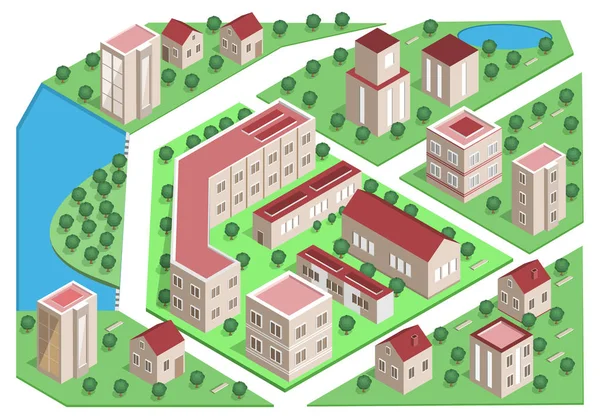 Conjunto de detallados edificios isométricos de la ciudad. 3d vector ciudad isométrica — Vector de stock