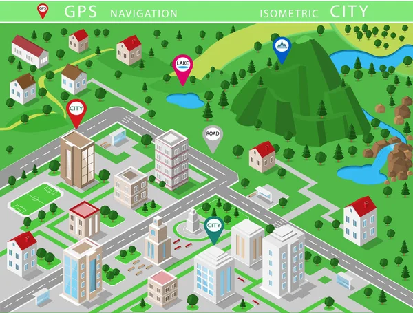 Paisajes isométricos con edificios urbanos, pueblos, caminos, parques, llanuras, colinas, montañas, lagos, ríos y cascadas. Conjunto de detallados edificios de la ciudad. Mapa isométrico 3d con navegación GPS — Vector de stock