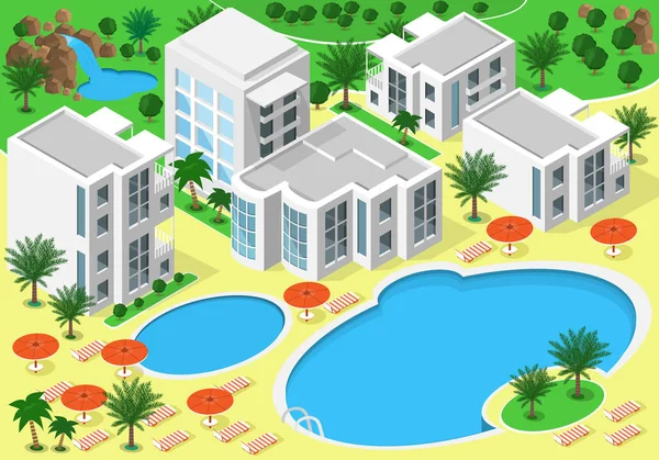 Paesaggio isometrico di lusso hotel fronte mare con piscine per il riposo estivo. Set di edifici dettagliati, laghi, cascate, spiaggia con palme — Vettoriale Stock
