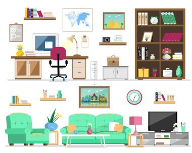 Düz Stil kümesi Ev mobilya: kitaplık, kanepe, koltuk, Resimler, tv, lamba, bilgisayar, Masa, çiçek, saat, raflar. İç tasarım vektör illüstrasyon izole. 