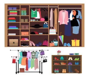 Düz stil kadınlar için dolap kavramı. Şık dolap moda kadın giysi, Ayakkabı ve çanta ile. Askı ile elbiseler kümesi vektör illüstrasyon izole