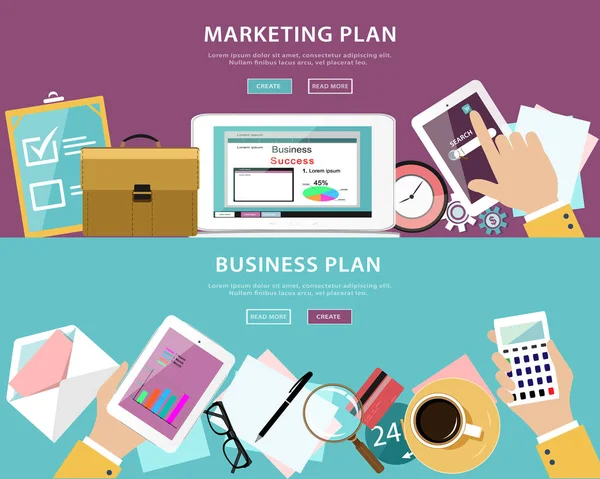 Vlakke stijl concept set van businessplan en marketingplan in webdesign — Stockvector