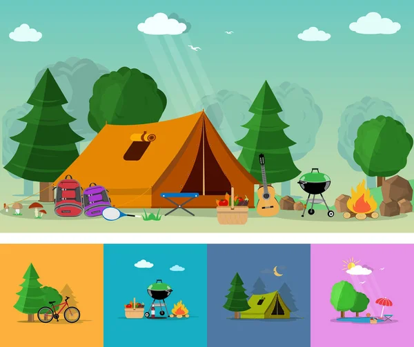 Flat style concept of hiking, tourism and outdoor recreation with travel icons. Set of flat elements: guitar, basket with food, barbecue, tent, backpacks, trees, bonfire vectot illustration