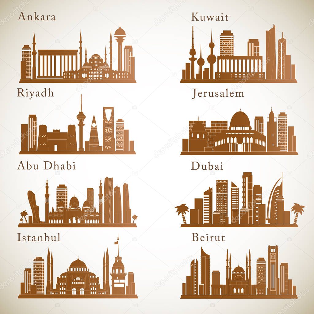 Middle East Cities skylines set. Middle east landmarks vector silhouettes 