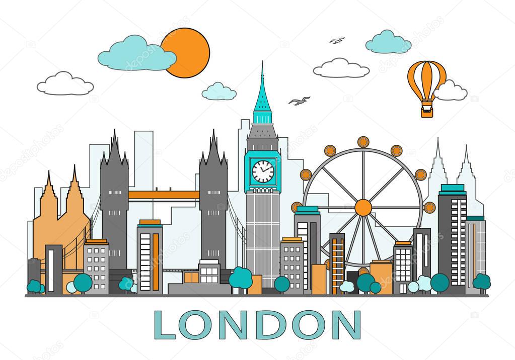 Thin line flat design of London city. Modern London skyline vector illustration, isolated on white background 