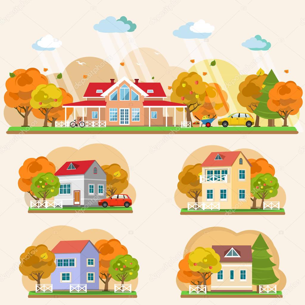 Set of flat style autumn landscapes. Vector illustration 