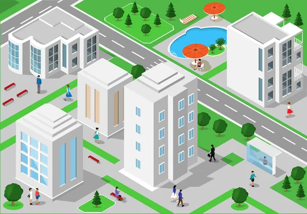 Isometrische Landschaft mit Menschen, städtischen Gebäuden, Straßen, Parks, Hotels und Schwimmbädern. eine Reihe detaillierter städtischer Gebäude. Isometrische 3D-Personen — Stockvektor