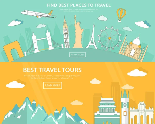 Conceptos de ilustración de diseño plano para viajes y turismo. banner web con conjunto de lugares de interés mundial y lugares para viajar — Vector de stock