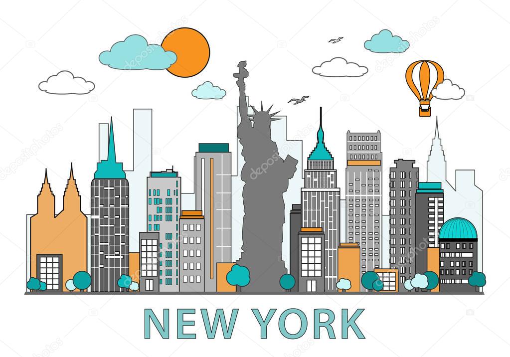 Thin line flat design of New York city. Modern New York skyline with landmarks vector illustration, isolated on white background 