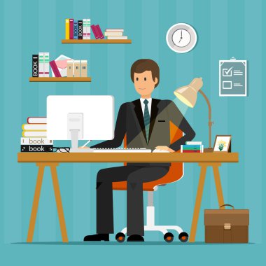 Ofis çalışanı vektör düz karakter tasarımı. Ofiste çalışan, Masa başında oturan, bilgisayar ekranına bakarak ve yazma iş adamı. 