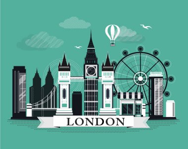 Serin grafik Londra şehir manzarası poster ile seyir retro tasarım öğeleri ayrıntılı. Londra yatay, yerler