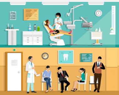 Düz renkli vektör dişçi ofis iç tasarım diş sandalye, diş hekimi, sabırlı ve diş araçlar kümesi. Hasta bekleme odasında diş Kliniği. 