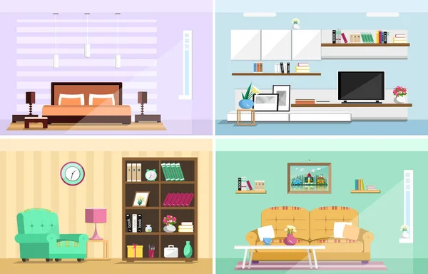Conjunto de coloridas habitaciones de diseño interior vectorial con iconos de muebles: sala de estar, dormitorio. Ilustración de vector de estilo plano . — Archivo Imágenes Vectoriales