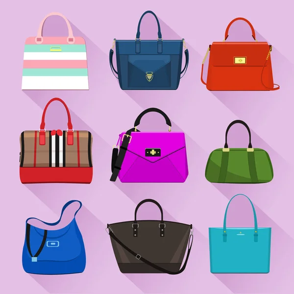 Különböző divatos női táskák, színes nyomatok. Lapos stílusú vektoros illusztráció. — Stock Vector