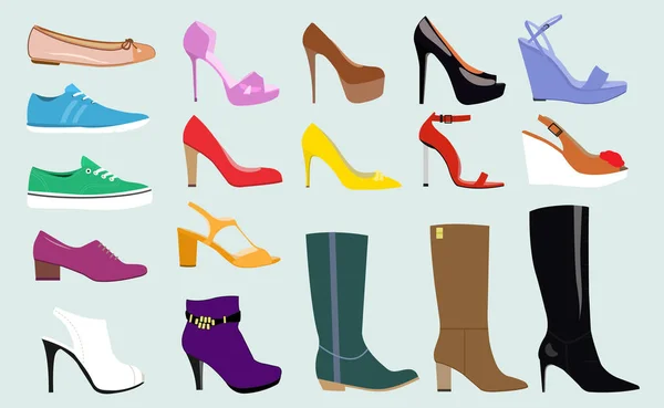 Ensemble avec différents types de chaussures tendance pour femmes : ballets, baskets, bottes, appartements, pompes, inverser. Illustration vectorielle plate — Image vectorielle