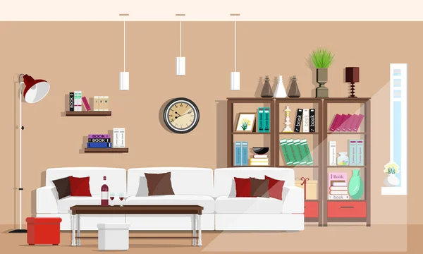 Прохладный графический дизайн интерьера гостиной с мебелью: диван, стулья, книжный шкаф, стол, лампы. Векторная иллюстрация плоского стиля . — стоковый вектор