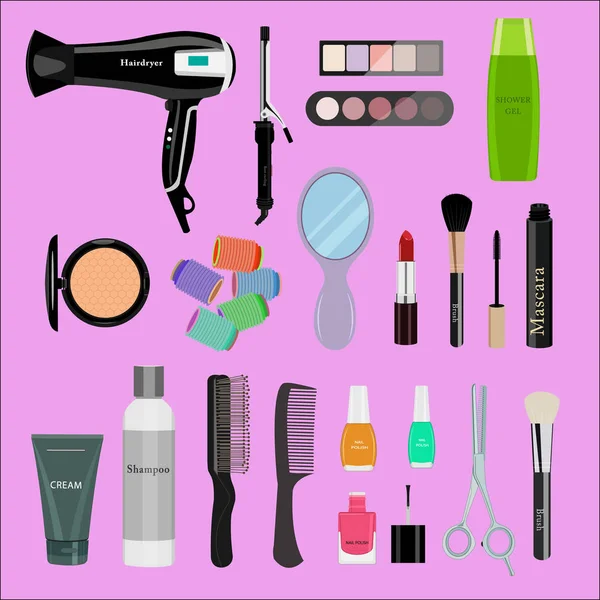 Set of professional cosmetics, various beauty tools and products: hairdryer, mirror, make-up brushes, shadows, lipstick, nail polishes, creams, powder, scissors, combs, etc. Flat vector illustration — Stock Vector