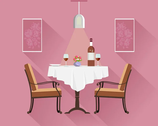 Mesa de restaurante redonda de estilo plano para dos personas con tela blanca, copas de vino, botella de vino, plato y jarrón con flores. Restaurante interior con mesa de cena, sillas, lámpara y fotos . — Vector de stock