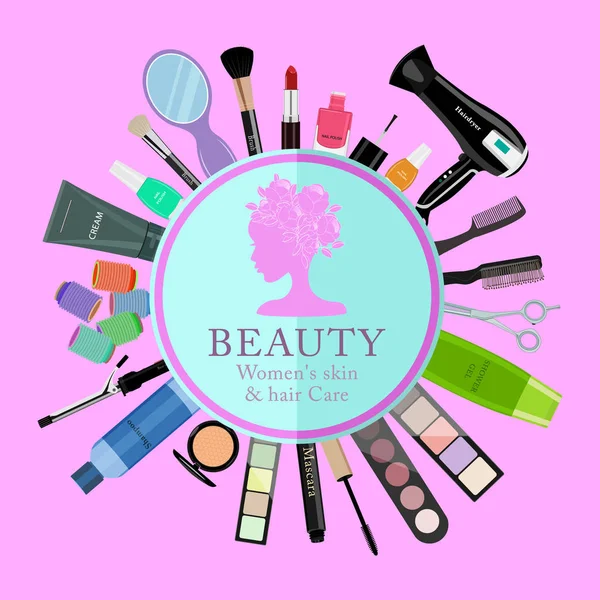 Set of professional cosmetics, various beauty tools and products: hairdryer, mirror, make-up brushes, shadows, lipstick, nail polishes, creams, powder, scissors, combs, etc. Flat vector illustration Royalty Free Stock Illustrations