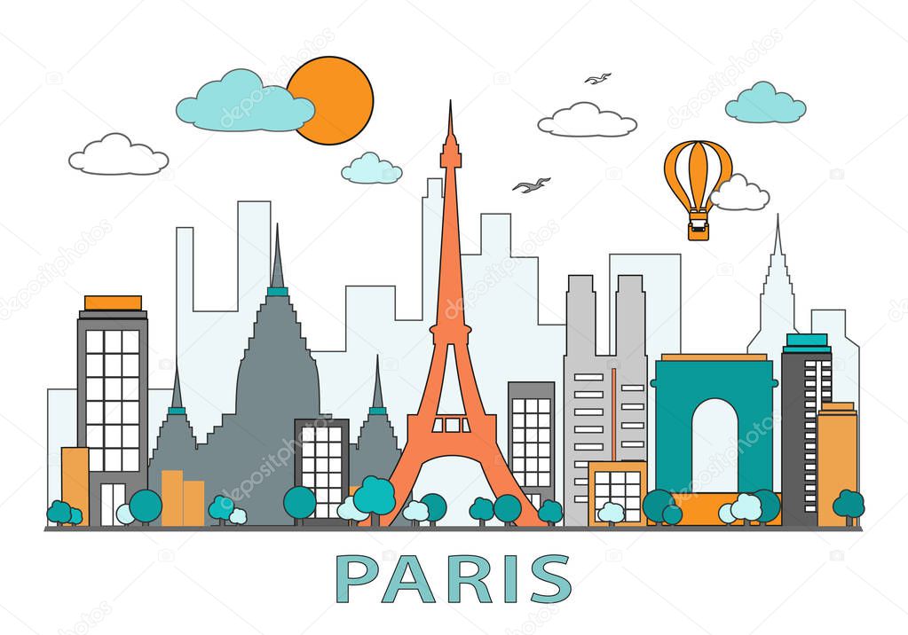 Thin line flat design of Paris city. Modern Paris skyline with landmarks vector illustration, isolated on white background 
