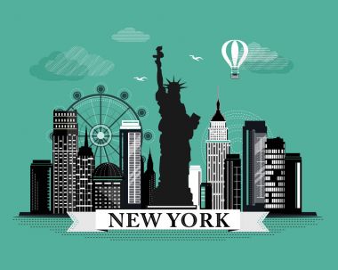 Serin grafik New York city skyline poster görünümlü retro tasarım öğeleri ayrıntılı. New York yatay, yerler 