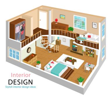 Modern detaylı izometrik daire iç tasarım vektör Illustration. 3D izometrik oda iç. Merdiven ile iki hikaye ev. 