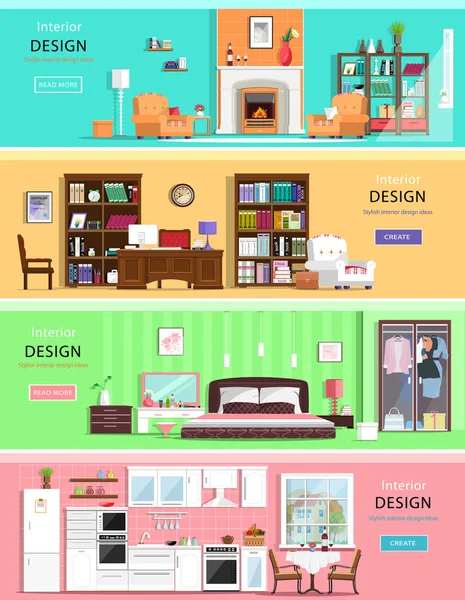 Conjunto de coloridas habitaciones interiores de diseño vectorial con iconos de muebles: sala de estar, dormitorio, cocina y oficina en casa. Ilustración de vector de estilo plano . — Archivo Imágenes Vectoriales