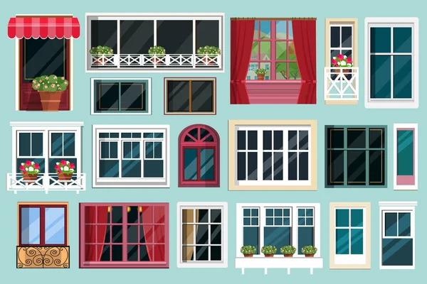 Conjunto de varias ventanas coloridas detalladas con ventanas, cortinas, flores, balcones. Ilustración de vector de estilo plano — Vector de stock