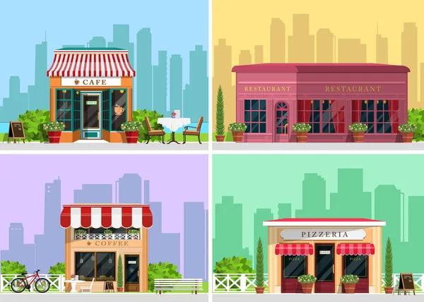 Modern landscape set with cafe, restaurant, pizzeria, coffee house building, trees, bushes, flowers, benches, restaurant tables. Flat style vector illustration. — Stock Vector