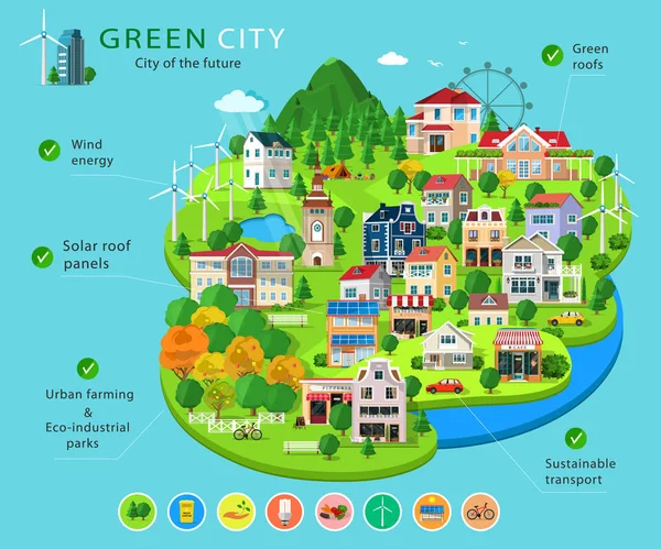 Σύνολο πόλης κτίρια και σπίτια, οικολογικά πάρκα, λίμνες, αγροκτήματα, άνεμος turpines και ηλιακών συλλεκτών, οικολογία infographic στοιχεία. Ουσιώδη στοιχεία της πράσινης πόλης. Επίπεδη έννοια του τρόπους για την προστασία του περιβάλλοντος — Διανυσματικό Αρχείο