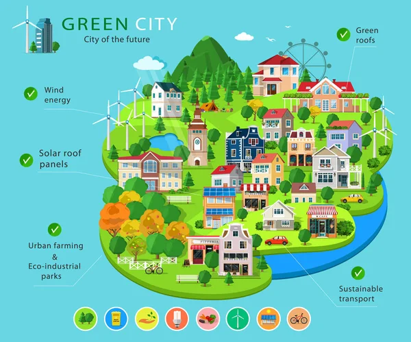 Set stad gebouwen en huizen, eco parken, meren, boerderijen, wind turpines en zonnepanelen, ecologie infographic elementen. Essentiële elementen van de groene stad. Platte concept van manieren om het milieu te beschermen — Stockvector