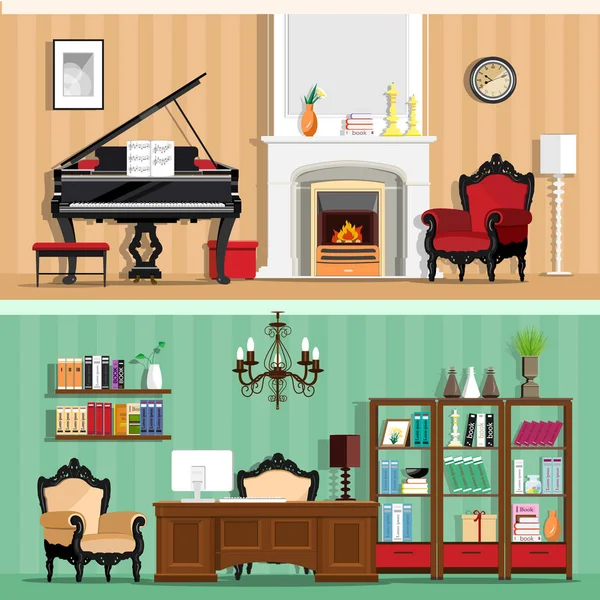 Kleurrijke vector interieur design huis kamers met meubilair iconen set: woonkamer en kantoor aan huis. Kamers met vintage interieur elementen. Vlakke stijl vectorillustratie. — Stockvector