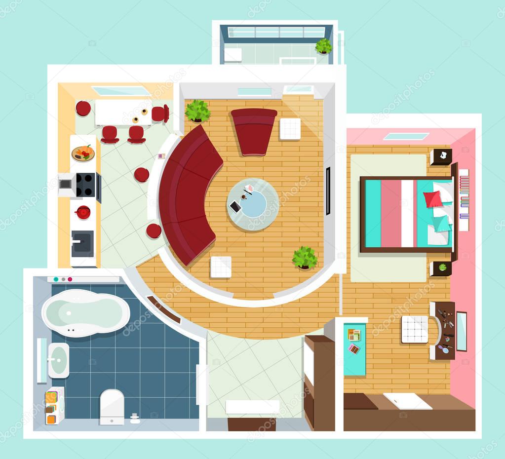 Modern detailed floor plan for apartment with furniture. Top view of apartment. Vector flat projection. 