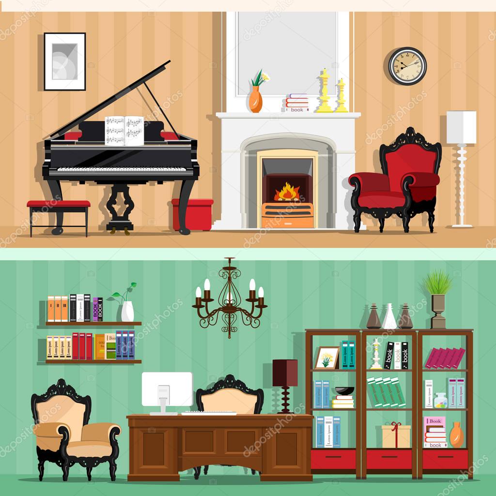 Set of colorful vector interior design house rooms with furniture icons: living room and home office. Rooms with vintage interior elements. Flat style vector illustration.