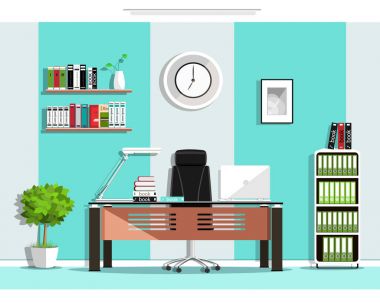 Serin grafik ofis oda iç tasarım mobilyalarla: sandalye, Masa, kitaplık, raf, lamba. Düz stil vektör çizim