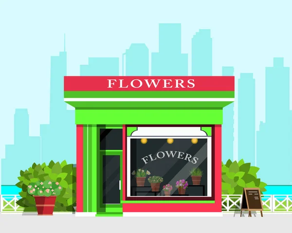Paesaggio moderno con icona negozio di fiori, recinzione, fiori e cespugli. Illustrazione vettoriale in stile piatto — Vettoriale Stock