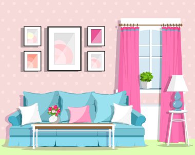 Şirin renkli oturma odası dekorasyon mobilya ile. Retro tarzı oda. Düz stil vektör çizim 