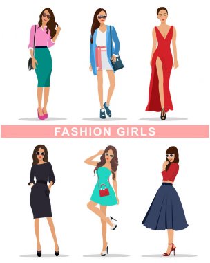 Aksesuarlar ile şık moda kızlar. Moda kadın giyim. Güzel kız ayarla. Düz stil vektör çizim. 