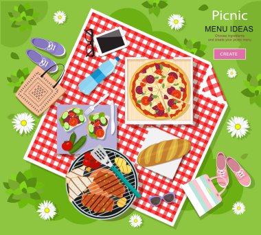 Ortaya konulan piknik mangal, pizza, sandviç, taze ekmek, sebze ve şişe suyu ile yaz tatili için serin grafik vektör kavramı üzerine kırmızı ve beyaz ekose desenli kumaş. 