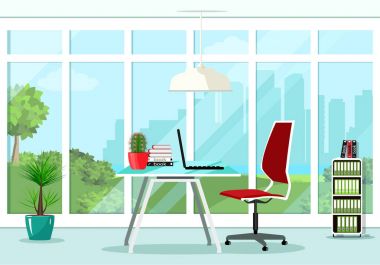 Serin grafik ofis oda iç tasarım büyük pencere ve mobilya ile: sandalye, Masa, kitaplık, lamba. Düz stil vektör çizim. 