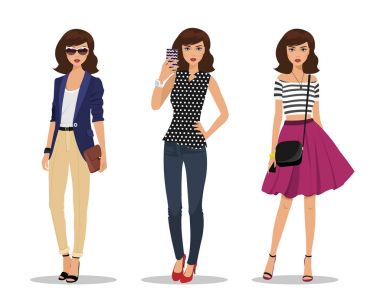 Güzel genç kadın moda giysileri. Kadın karakter aksesuarları ile ayrıntılı. İşkadını çanta, genç kız selfie yapım ve romantik tarzı kız. Düz stil vektör çizim. 