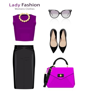 Düz tasarım kavramını moda bakmak. Kadın giyim aksesuarları ile ayarlayın. Renkli moda giysiler nesneleri 